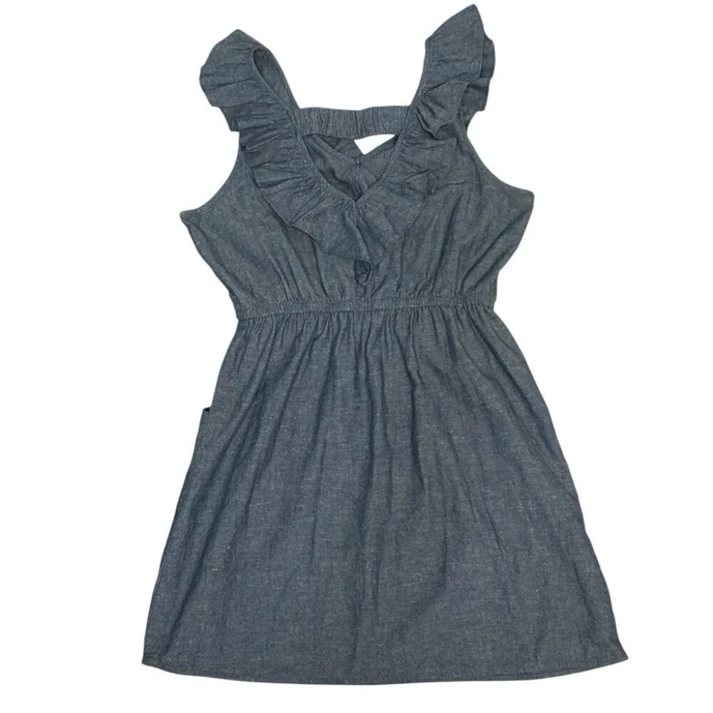 Alythea Linen Blend Chambray Ruffle Sundress Blue Large - Picture 9 of 11